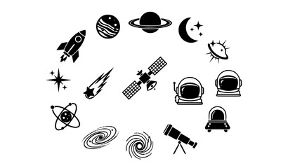 Space exploration icons vector set with rocket planets stars moon comet and celestial symbols isolated on transparent background © MdAshik