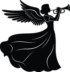 Elegant Black Silhouette of a Winged Angel Playing a Trumpet with Flowing Gown Isolated on White Background for Christmas Design © MD