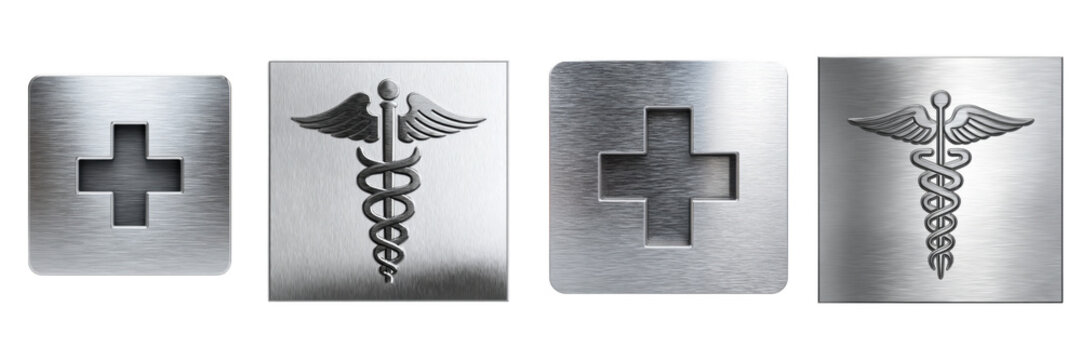 Metallic cross and caduceus symbols etched silver backgrounds in clean minimalist style for medical and healthcare Isolated on a transparent background.