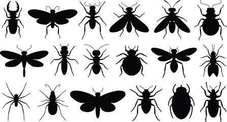 Set of black insect silhouettes including butterfly beetle spider ant bee dragonfly mosquito and fly isolated on white background vector illustration © MD