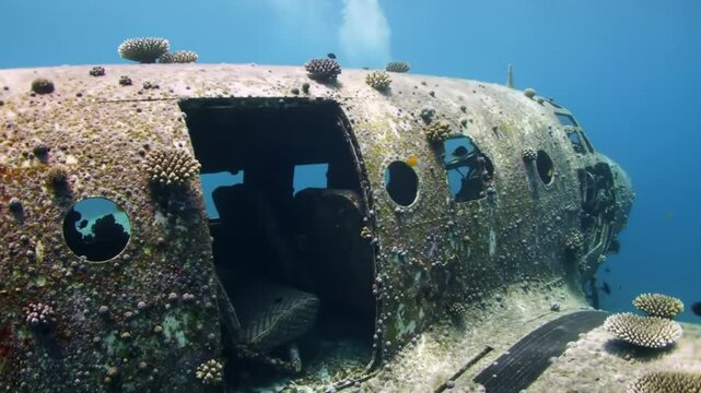 Sunken airplane wreck covered in coral under clear blue ocean water.
