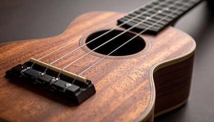 Fototapeta premium Warm wood ukulele shows strings & bridge on dark background with blurry headstock angled right
