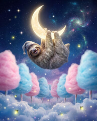 Fototapeta premium Cute sloth with night cap hanging on glowing crescent moon above fantasy cotton candy trees feels happy in starry dream sky landscape