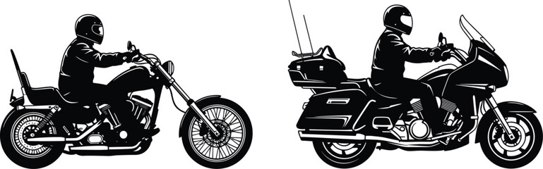 Set of black motorcycle silhouettes featuring biker riders on cruiser and chopper motorbikes isolated on white background vector graphic illustration © MD