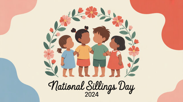 Diverse children holding hands surrounded by flowers celebrating national siblings day 2024
