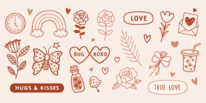 Hand drawn illustrations of love hearts and whimsical doodle elements