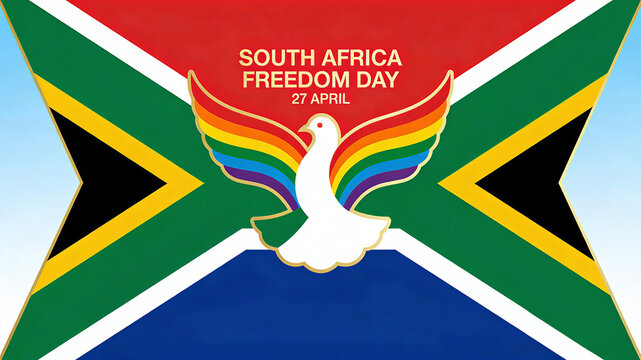 The background of the South African flag and the Rainbow Wings Peace Dove, the concept of peace and freedom on South African Freedom Day, and the promotional scene for the holiday on April 27th.
