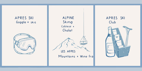 Apr s ski themed triptych featuring goggles mountains and wine glasses © Nayon