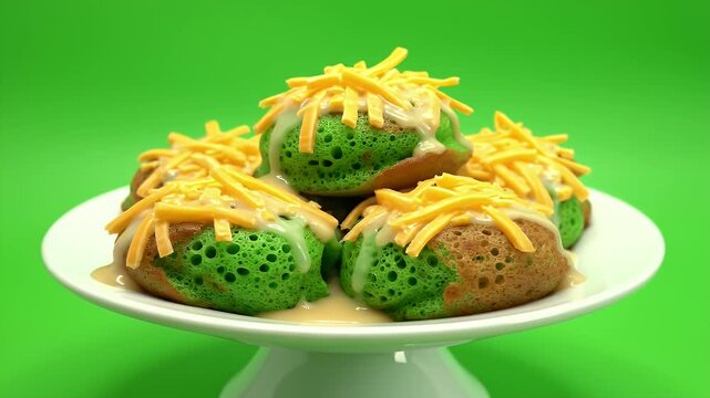 Green Kue Pepe Layered Rice Flour Cake with Sweet Sauce and Grated Cheese Topping Served on White Cake Stand Against Vibrant Green Background Isolated Looped Footage