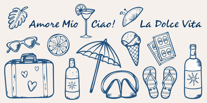 Italian summer themed doodles with citrus travel items and phrases