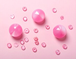 A pink background with three large pink spheres and numerous smaller ones