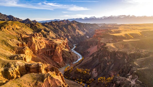 A serene canyon landscape with a winding river