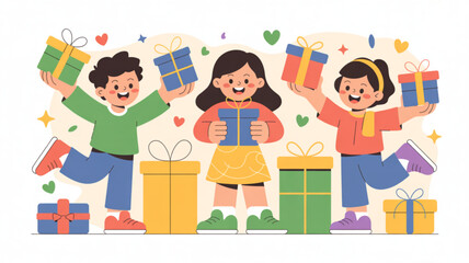 Obraz premium Three happy children celebrating with colorful gifts and presents on a festive background