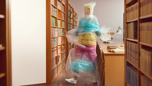 Eccentric person wrapped in colorful bubble wrap walking through quiet library aisle feeling playful and carefree near wooden shelves filled with books and literature
