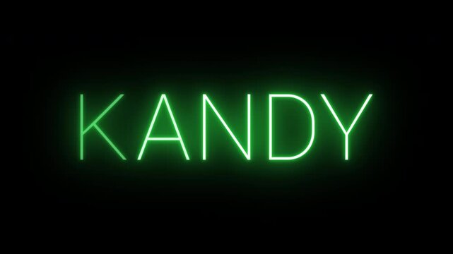 Flickering neon green glowing kandy sign animated on black background.