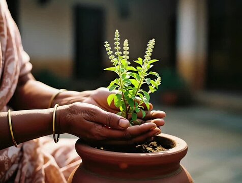 Gentle hands carefully transplanting sacred tulsi holy basil seedling into a traditional earthen pot video footage