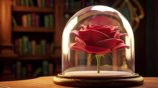 Single red rose preserved under glass dome on wooden table, bookshelves background.