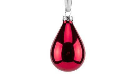 Isolated red Christmas ornament with silver ribbon, teardrop shape holiday season decoration
