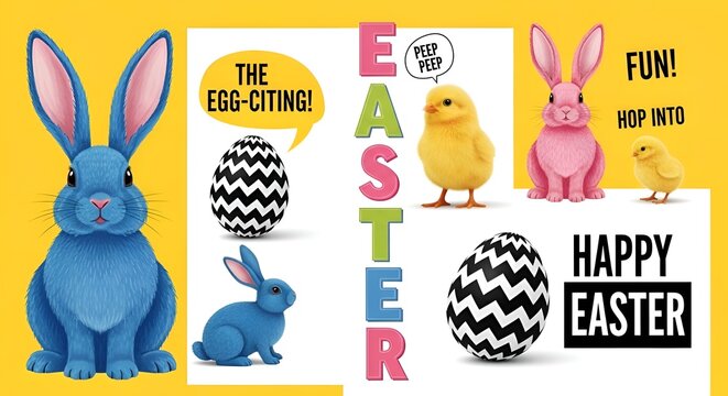 Happy Easter illustration set with bunny, chick, decorated eggs and hand-drawn typography. Collage style graphics for Easter greetings, stickers, card, poster, kids design,