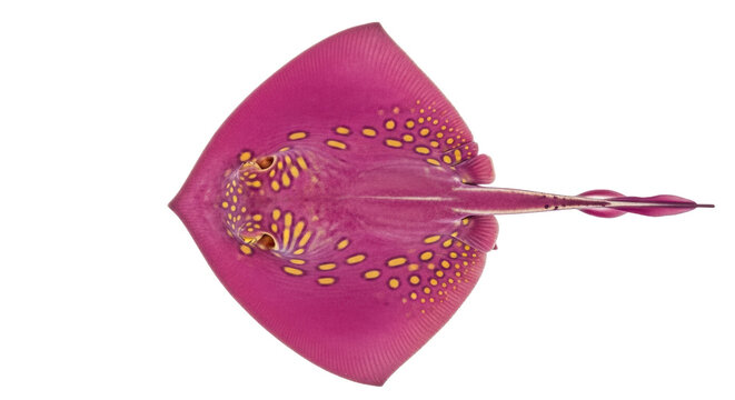 Isolated pink stingray floats swimming with its tail pointing to the right in bright studio light