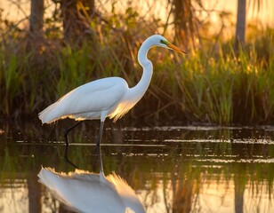 A serene white bird wades in calm waters at sunset
