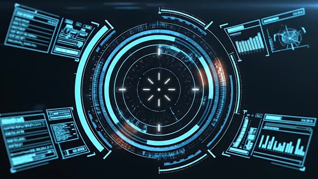 Futuristic digital interface in neon blue, circular HUD display with information panels
