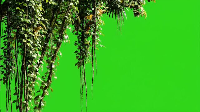 Lush Green Hanging Vines Gently Swaying Against a Vibrant Chroma Key Background Seamless Loop Nature Element