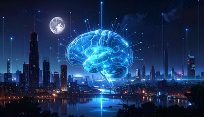 Fototapeta premium Glowing digital brain above a futuristic cityscape at night