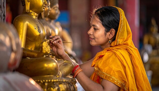 Woman in yellow shawl offering to golden Buddhas, touching with stick, serene expression, warm light