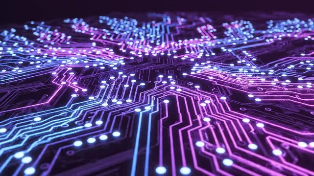 Colorful circuit board with glowing purple and blue lines and dots