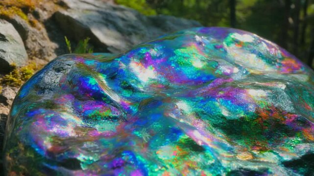 Large iridescent rock on forest floor