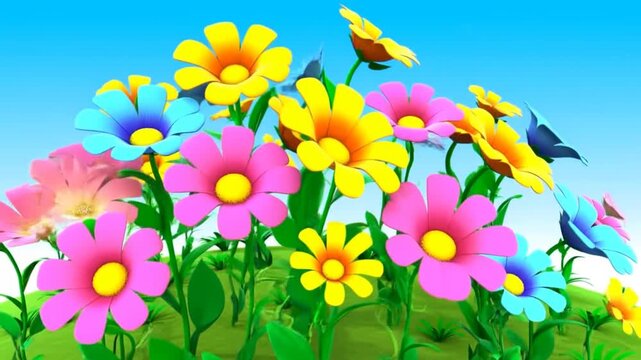 blooming colorful flowers under a bright blue sky cartoon style