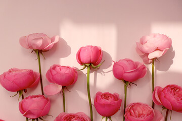 Pink Flowers with Soft Window Shadow on Pastel Background. Pink Ranunculus and Rose Flowers.