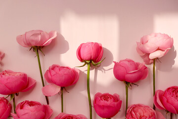 Pink Flowers with Soft Window Shadow on Pastel Background. Pink Ranunculus and Rose Flowers.