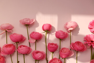 Pink Flowers with Soft Window Shadow on Pastel Background. Pink Ranunculus and Rose Flowers.