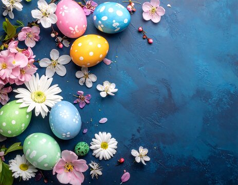 Colorful Easter eggs and spring flowers on dark blue textured background