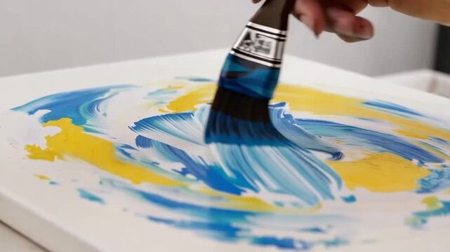 Person painting blue and yellow swirls on white canvas with brush
