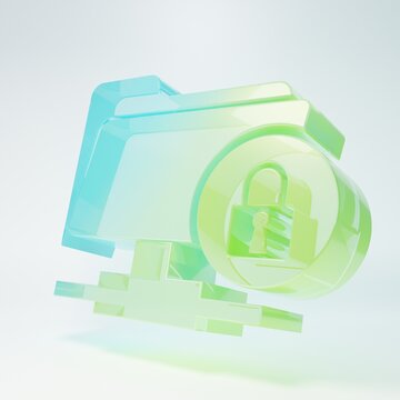 Frosted glass FTP folder and lock icon isolated on white background. Concept of software update, ftp transfer protocol. Security, safety, protection concept. Minimalism concept. 3D render illustration