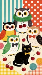 Fototapeta premium Illustration of owls and a black cat with cherries and yarn on a patterned background