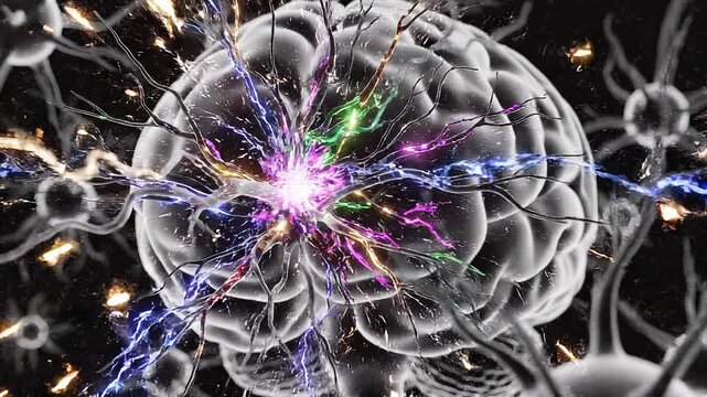 Neuron with vibrant electrical impulses in a brain-like structure