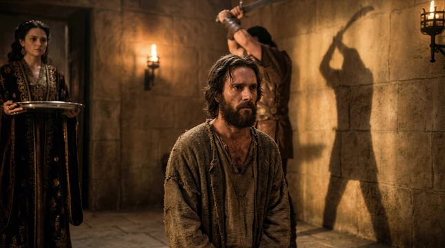 John the Baptist Kneeling Before Execution as an Executioner Raises a Sword While Salome Holds a Silver Platter