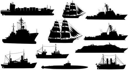 Collection of various ship silhouettes including cargo, sailing, and military vessels. © Zae