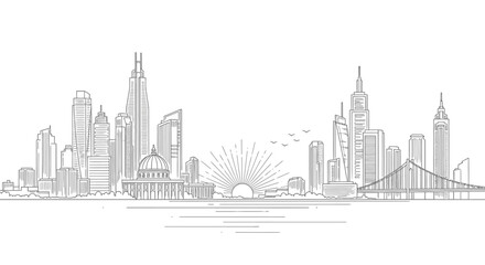 Obraz premium City Skyline Illustration with Skyscrapers and Bridge.