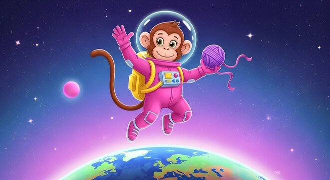 Cheerful cartoon monkey astronaut floating in space above Earth