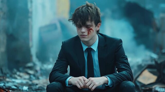Young business man sits in a desolate setting showing signs of distress and exhaustion while grappling with feelings of isolation and addiction