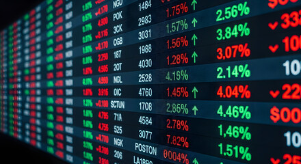 Fototapeta premium Digital display shows fluctuating stock market data with red and green