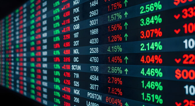 Digital display shows fluctuating stock market data with red and green