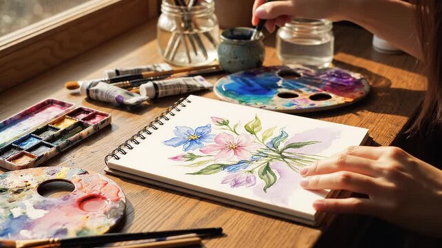 Woman painting flowers with watercolors on a sketchbook by a window