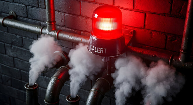 Flashing red alert light signals danger from steaming industrial pipes