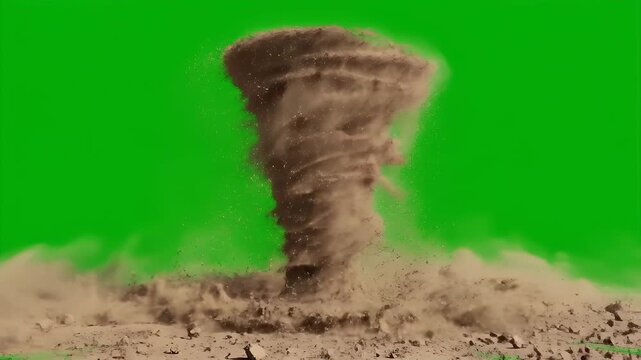 Powerful Tornado Style Dust Devil Rotating Mid Frame on Green Screen with Debris Flying Creating Natural Disaster Effect